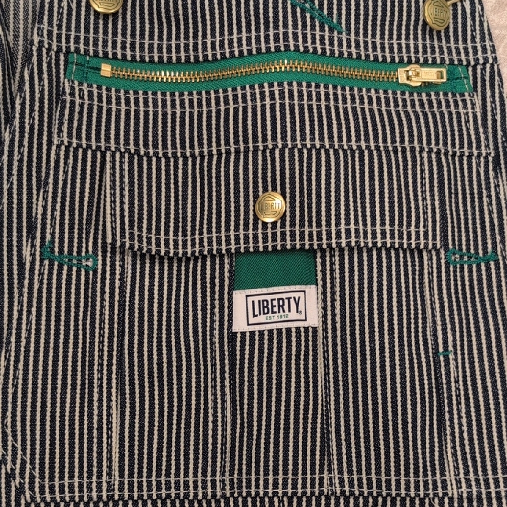 Liberty Black and White Striped Overalls with Gold and Green Accents